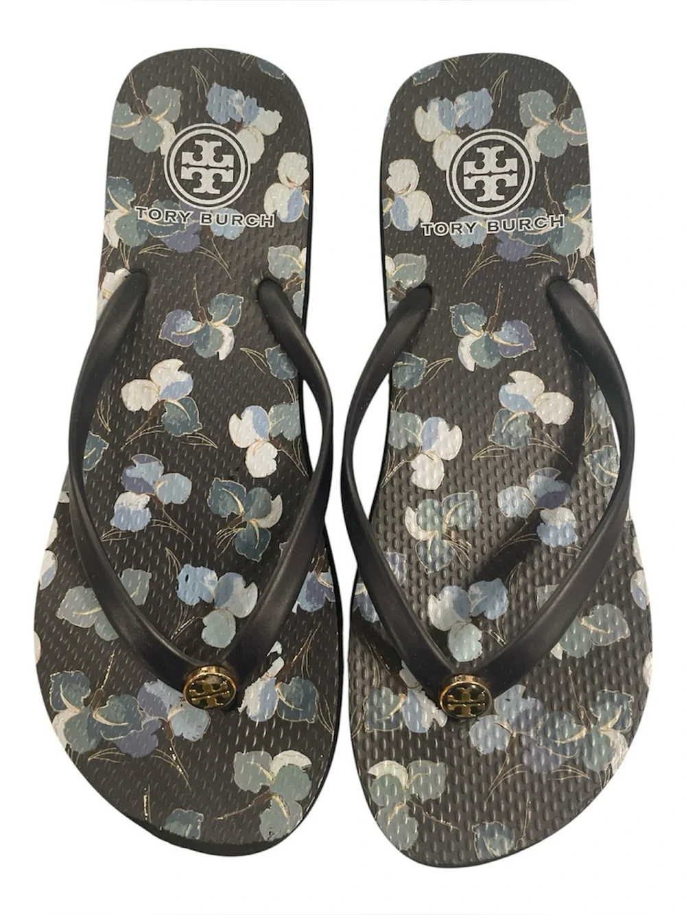 Tory Burch Thin Flip Flops Navy Blue Floral with Gold T Medallion Size 10
